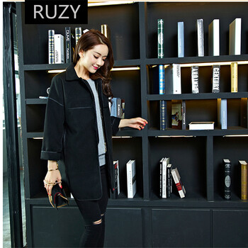 RUZY秋冬韩版女装毛呢大衣风衣外套 黑色 L