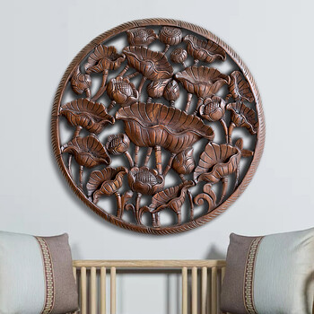 东南亚装饰荷花雕花板泰式会所客厅过道走廊墙面挂件玄关挂件 复古色
