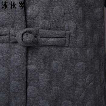 沐依岑2015秋冬新款女装波点文艺复古风中长款宽松大码盘扣棉麻外套 J258# 灰色 M