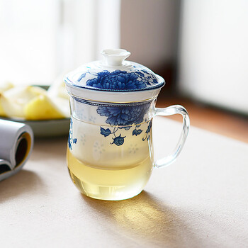 带盖玻璃花茶杯 耐热茶水分离杯加厚陶瓷过滤泡茶杯办公室水杯子 国色