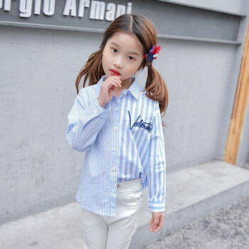 新款4-5岁韩版6长款7小女孩8长袖12儿童15小学生 浅蓝色休闲可爱衬衣