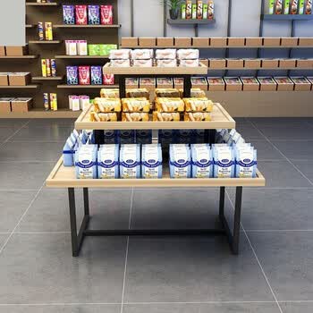 超市三层流水台木质服装展架圆形鞋架方形展货架超市中岛柜 200*120