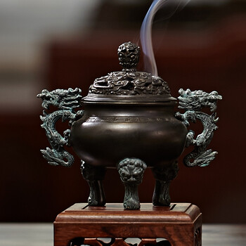 三义成 铜香炉三足仿古狮足祥龙乾坤鼎香炉佛堂香道香薰炉家居摆件