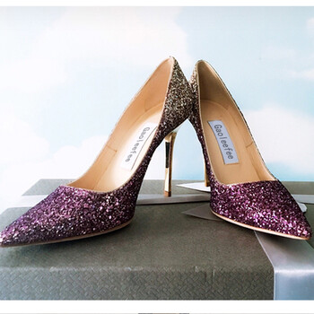 亮片高跟礼服鞋银色细跟渐变色宴会中跟新娘婚纱鞋女 紫金渐变亮片9cm