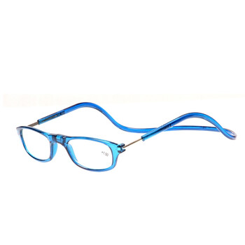 时尚老花镜男女超轻防忘磁铁挂脖折叠时尚老花眼镜 方框蓝色 100度