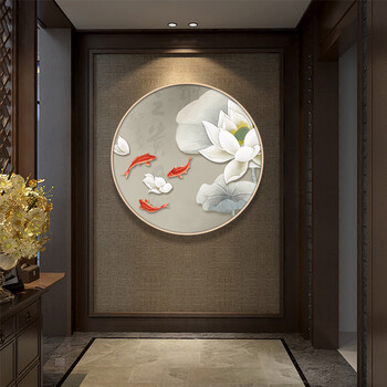 梓朗九鱼图玄关装饰画圆形客厅墙面挂画新中式风水餐厅壁画入户墙画13