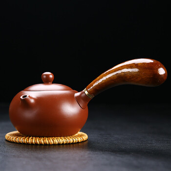 紫砂壶宜兴手工紫泥单壶功夫茶具茶壶家用陶瓷金丝楠木手柄侧把壶