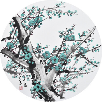 新中式国画梅花客厅沙装饰画喜上眉梢花鸟水墨腊梅圆形三联挂画 a款