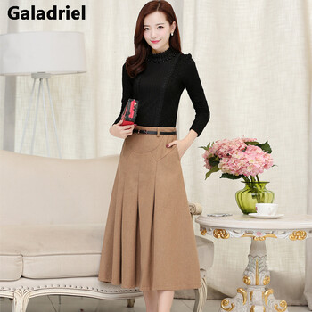 Galadriel 2015新款加厚羊毛呢半身裙秋冬女百褶毛呢A字裙中长款半身长裙女 卡其色 S