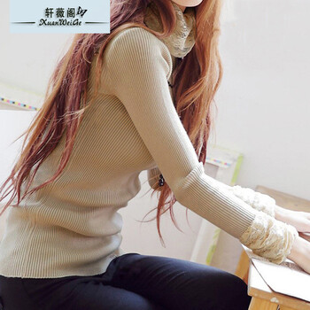 轩薇阁2015秋冬新款女装韩版甜美蕾丝堆高领纯色打底衫毛衣S11607 蓝色 均码