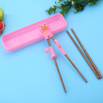 儿童筷子训练筷实木防滑幼儿园宝宝学吃饭练习筷 带盒子小猪粉色