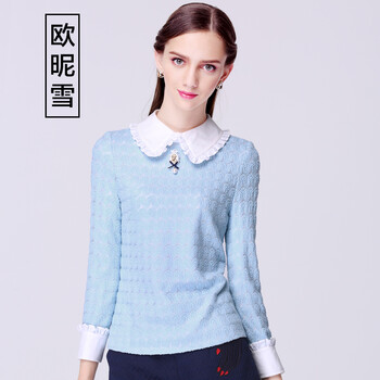 欧昵雪女装2015秋装新款娃娃领打底上衣淑女小香风镂空长袖蕾丝衫 蓝色 S