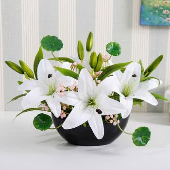 小清新室内装饰品餐桌插花桌花盆栽套装 白色百合满天星套装(黑盆)