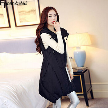 衣品辰（Epcen）2015秋冬新品女装加厚连帽长款马甲棉服外套XJM9090 黑色 L