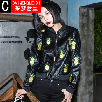 采梦蕾丝2015秋冬季女装新款棒球服皮衣菠萝刺绣图案帅气皮外套皮夹克潮短外套B6669 黑色 L