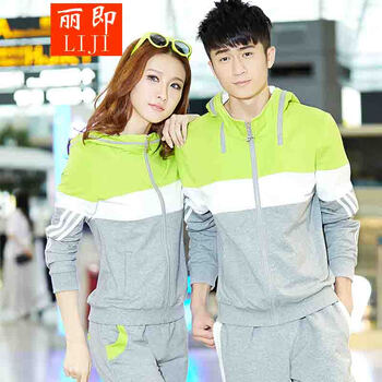 丽即 2015运动套装春秋运动服大码运动情侣套装 男女长袖休 蓝色 女XL
