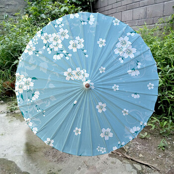 油纸伞防雨防晒古典江南舞蹈装饰桐油雨伞 樱花舞 浅蓝 半穿 加纱