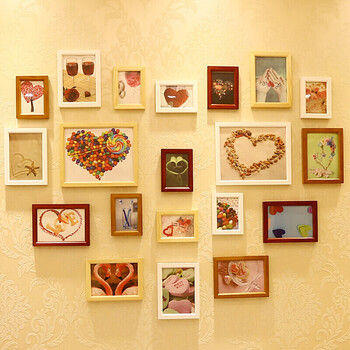 实木照片墙20框心形相框墙相片墙创意时尚组合家居家装 四色混搭送