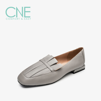 【惠】CNE 新款女鞋时尚休闲日系圆头皱褶套脚粗跟低跟女单鞋乐福鞋小白鞋CNE 9T16104 灰色 GYL 37