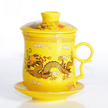 个人杯茶杯陶瓷泡茶杯子带盖过滤网黄龙纹四件杯套青花瓷大号水杯