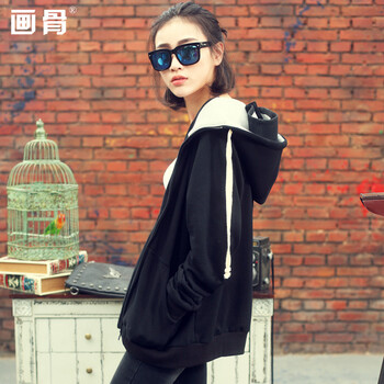 
                                        画骨春秋女装黑色连帽卫衣女上衣外套长袖女装潮HG1573 黑色 S                