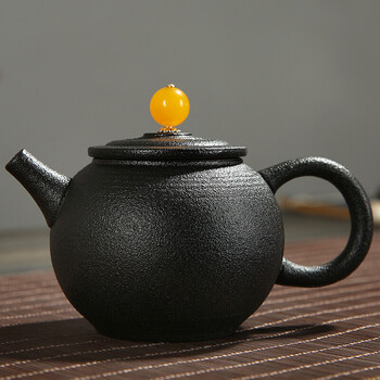 黑陶粗陶茶壶单壶侧把壶黑陶品逸壶黒色复古陶土功夫茶具粗陶日式