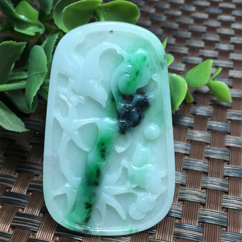 玉阅珠宝 天然翡翠手工雕刻节节高升喜上眉梢翡翠吊坠蝙蝠招财冰种飘