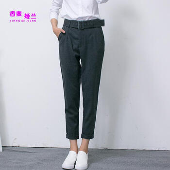 
                                        香蜜姬兰 2015毛呢加厚配腰带西裤纽扣西装裤8309# 黑色 L                
