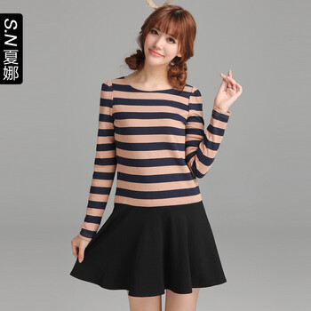 夏娜(Shinena)条纹拼接连衣裙淑女打底裙 红棕色 XL