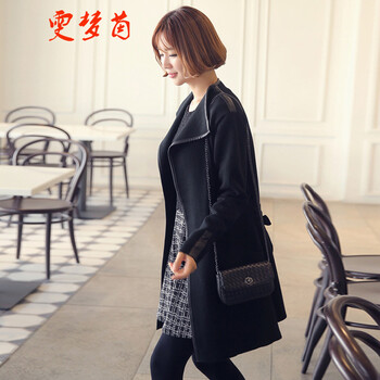 雯梦茵 开衫外套 2016秋冬装新款韩版大码女装翻领长袖系带呢子外套 复古淑女装中长款 冬 黑色 S