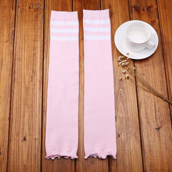 春夏空调房保暖睡眠护膝瑜珈舞蹈袜套腿套运动骑行长筒袜 浅粉白条杠