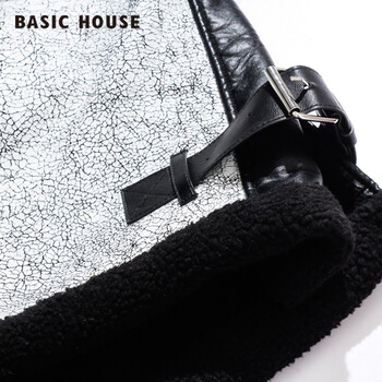 Basic House/百家好秋冬新品修身保暖pu革撞色拼接外套HORF725A 黑色/BK 160/84A/M