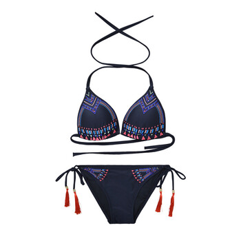欧美黑色刺绣无钢圈大小胸聚拢比基尼分体三角性感温泉沙滩泳衣女