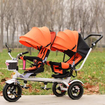 双人车儿童儿童三轮车双胞胎推车双人三轮手推车脚踏车旋转可躺可坐ql