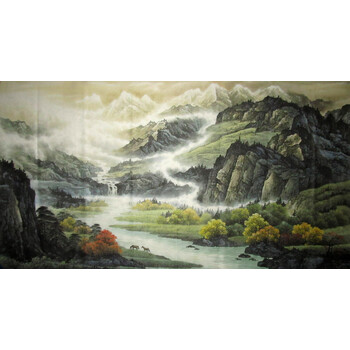 国画字画高仿真山水画六尺横幅客厅办公室装饰字画放牧图高原风景