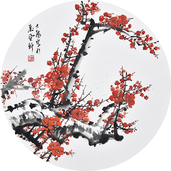 新中式国画梅花客厅沙装饰画喜上眉梢花鸟水墨腊梅圆形三联挂画 f款