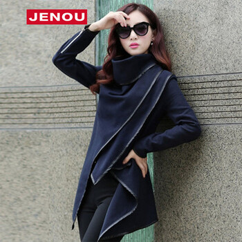 jenou欧洲站2015秋装新款日韩秋款女装风衣中长款外套女学生斗篷风衣韩版修身潮 蓝色 M