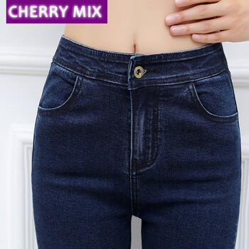 cherrymix秋冬弹力显瘦牛仔裤女士加绒牛仔裤冬长裤女裤子春装潮601 黑色加绒 28码