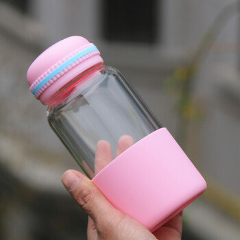 甜点玻璃杯男女士糖果色硅胶透明水杯时尚可爱学生泡茶杯子 粉色 400