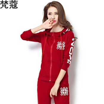 梵蔻 2015韩版秋冬新款长袖棒球服开衫休闲夹克短外套 女卫衣运动套装潮2501 酒红色-套装 2XL