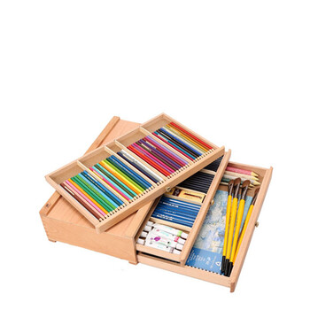 榉木制抽屉式美术绘画工具箱 多功能写生画盒 颜料盒笔盒 三层