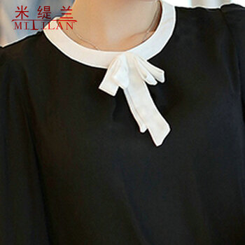 米缇兰2016春夏新款韩版宽松修身长袖女式打底衫衬衣女装雪纺蕾丝衫女 黑色 L