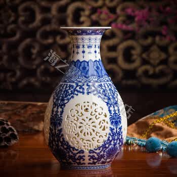 装饰摆件玲珑仿古工艺品插花镂空花瓶流水手绘美式假花摆件风水书房