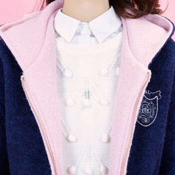 朴素少女韩版学院风2015冬季新款拼接中长款呢子大衣少女毛呢外套 蓝色 S