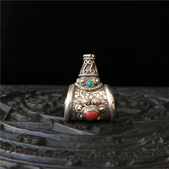 桃花诺 925纯银手工藏式佛头三通镶嵌松石三通