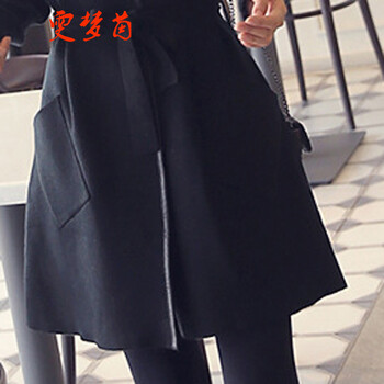 雯梦茵 开衫外套 2016秋冬装新款韩版大码女装翻领长袖系带呢子外套 复古淑女装中长款 冬 黑色 S