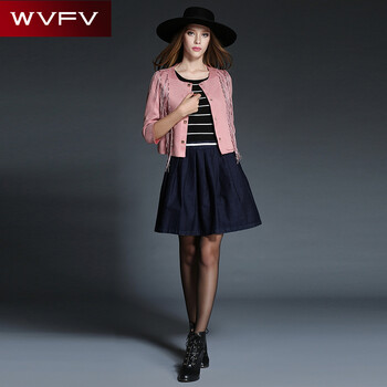 WVFV 2015秋季新品欧美七分袖PU粉色流苏时尚修身气质圆领短外套女 WW70003 粉色 4 M