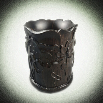 高档黑檀木荷花笔筒红木笔筒实木雕刻手工艺品礼品摆件 黑色