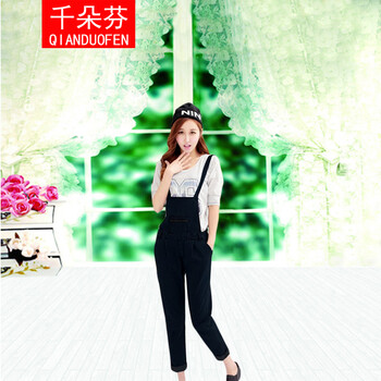 千朵芬 背带裤女韩版牛仔2015秋冬新款女装韩版休闲长裤连体裤学生宽松九分哈伦吊带个性 蓝色 M