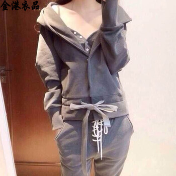 金港衣品2015秋装上新烟灰色连帽运动休闲卫衣套装三件套T恤女9310 图片色厚款 L
